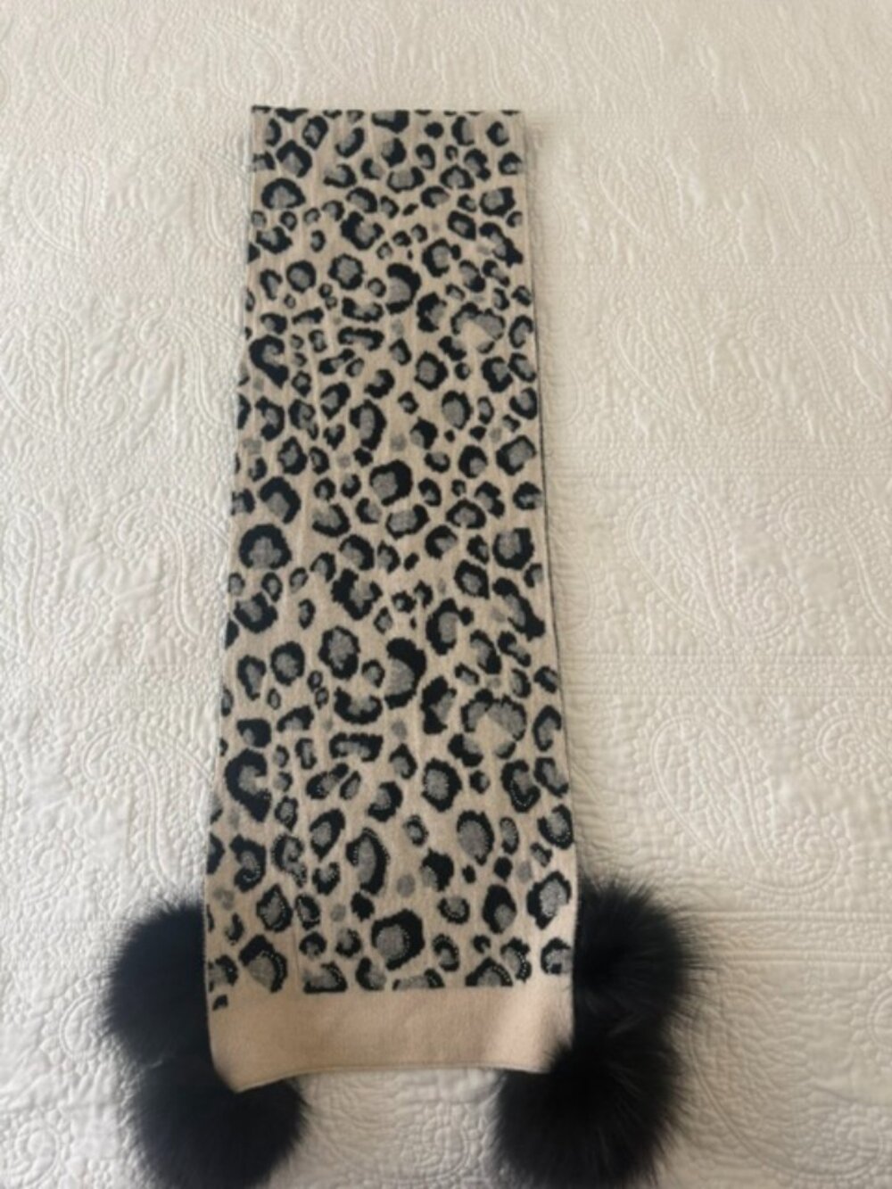 Women's wool mitchies  scarf with natural fox fur pom pom